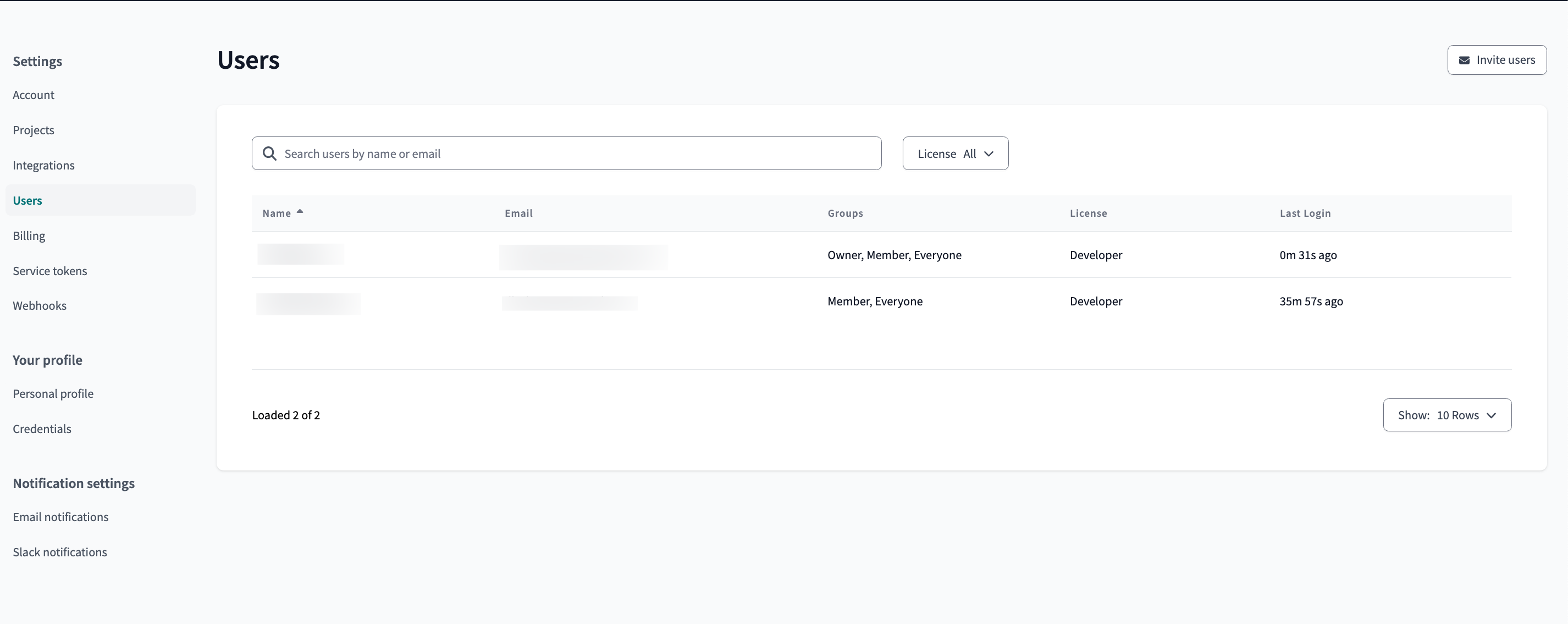 The user screen in the Account Settings page The user screen in the Account Settings page